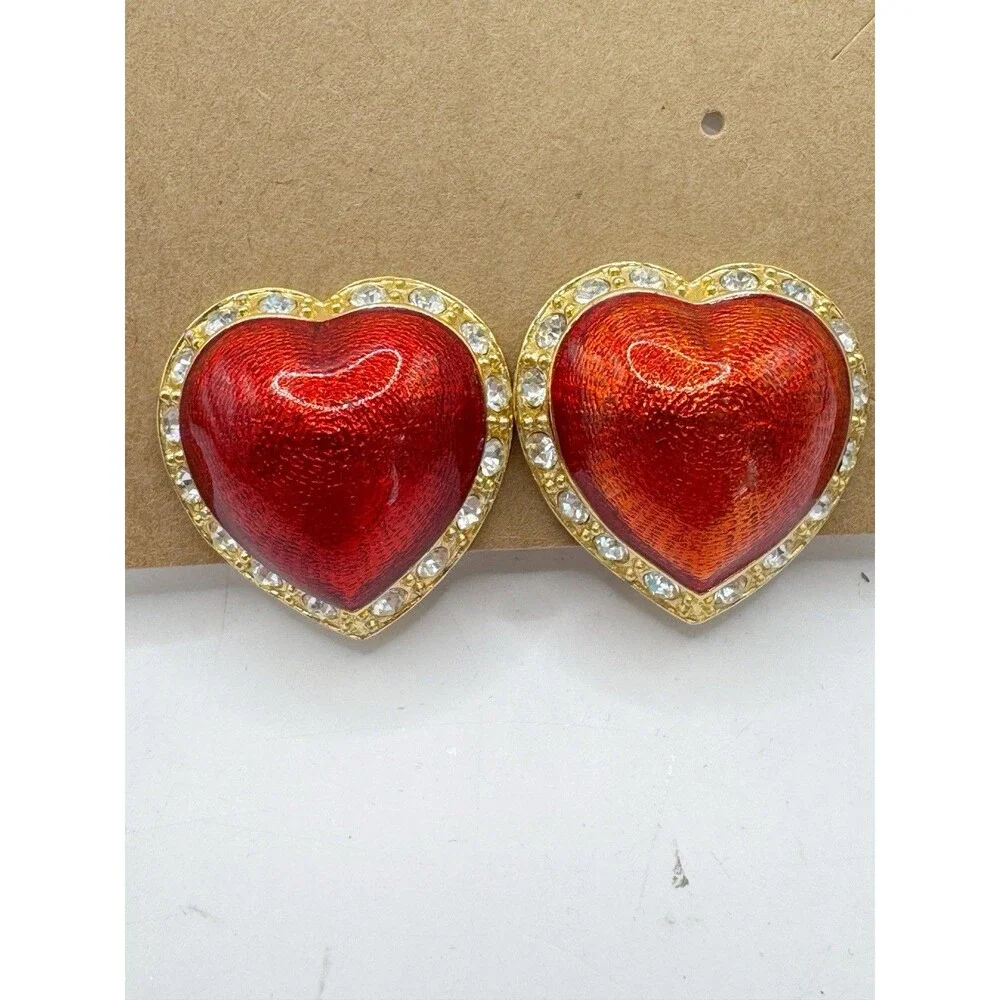 Vintage Victoria's Secret Red Enamel Puff Heart Clip on Earrings Rhinestone